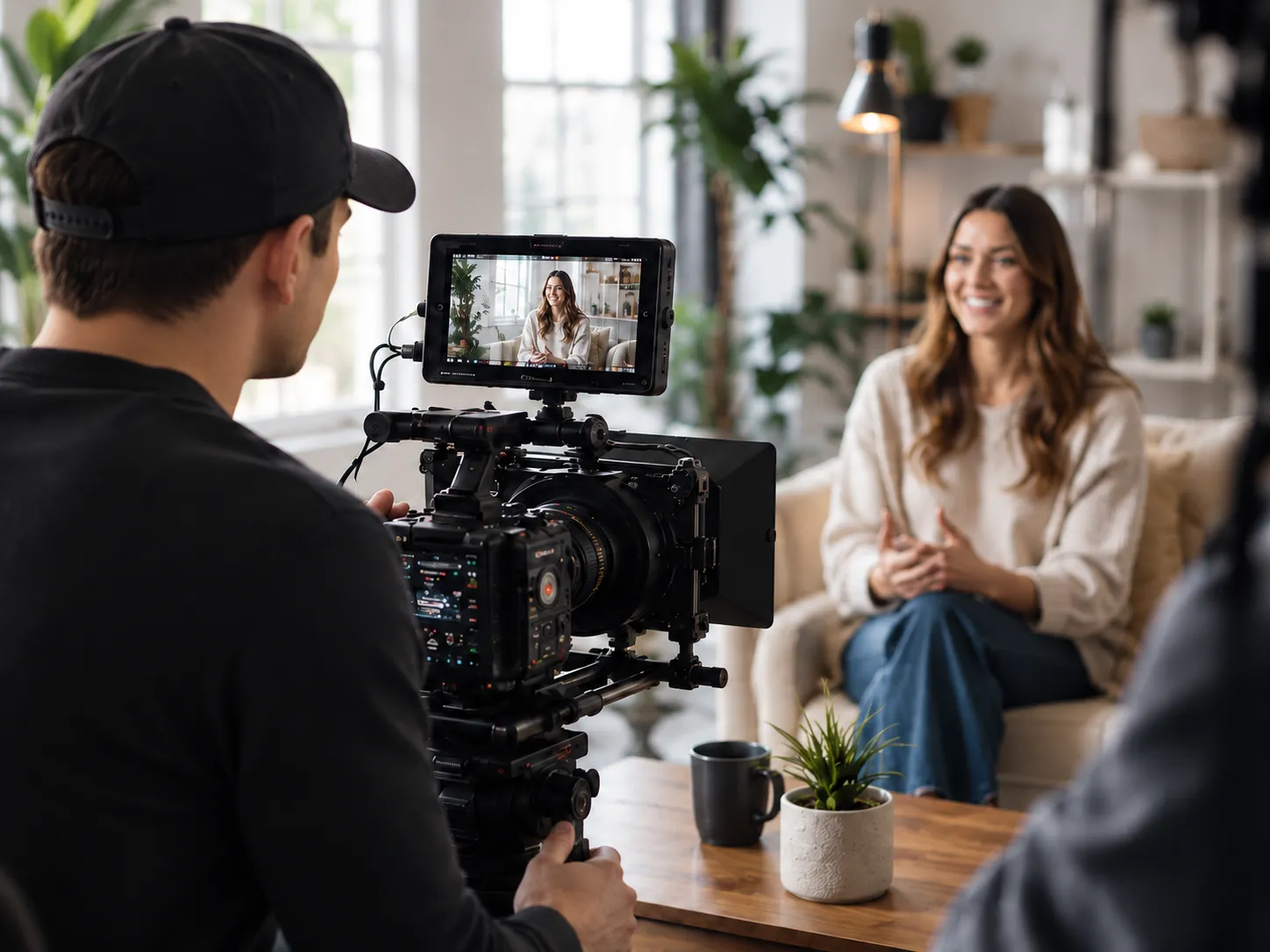 FlyPoint Productions crew filming a brand story interview with the subject smiling naturally on set.