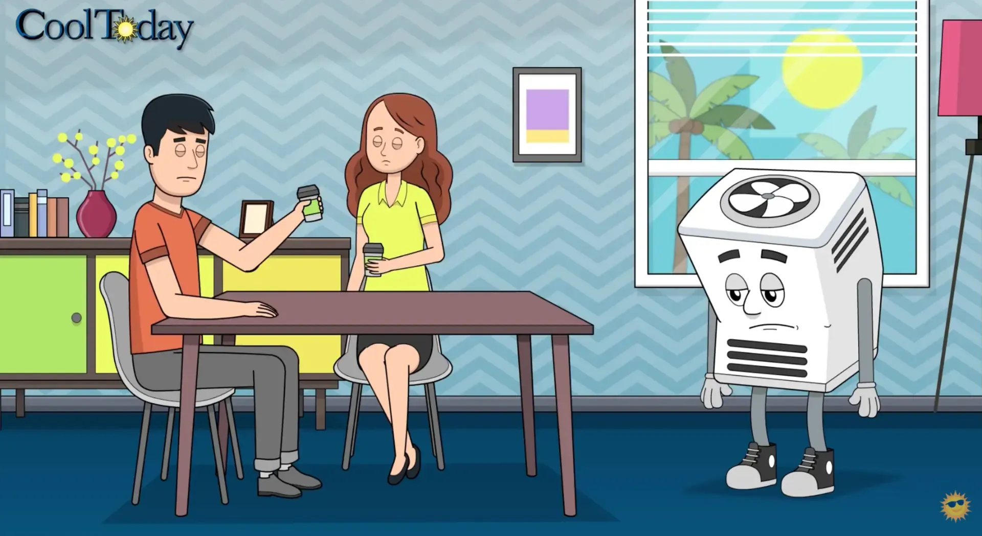 Animated CoolToday explainer video featuring a couple and an illustrated air-conditioning unit.