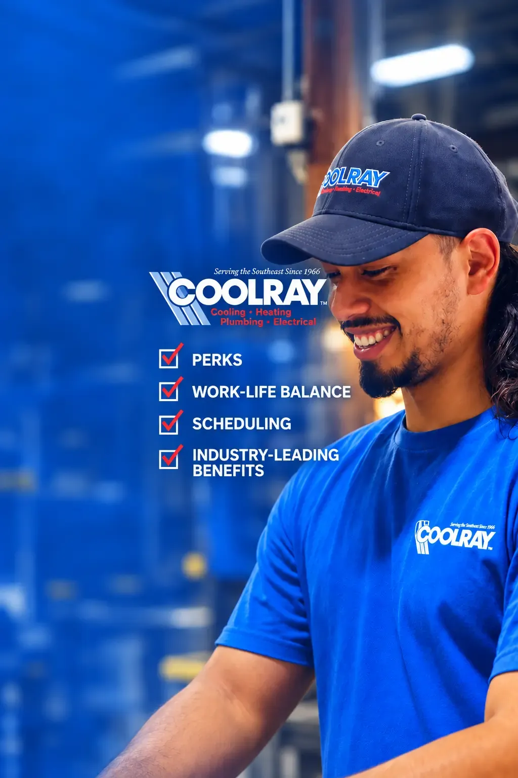 Coolray recruitment film featuring a smiling employee in a hard hat alongside company benefit highlights.