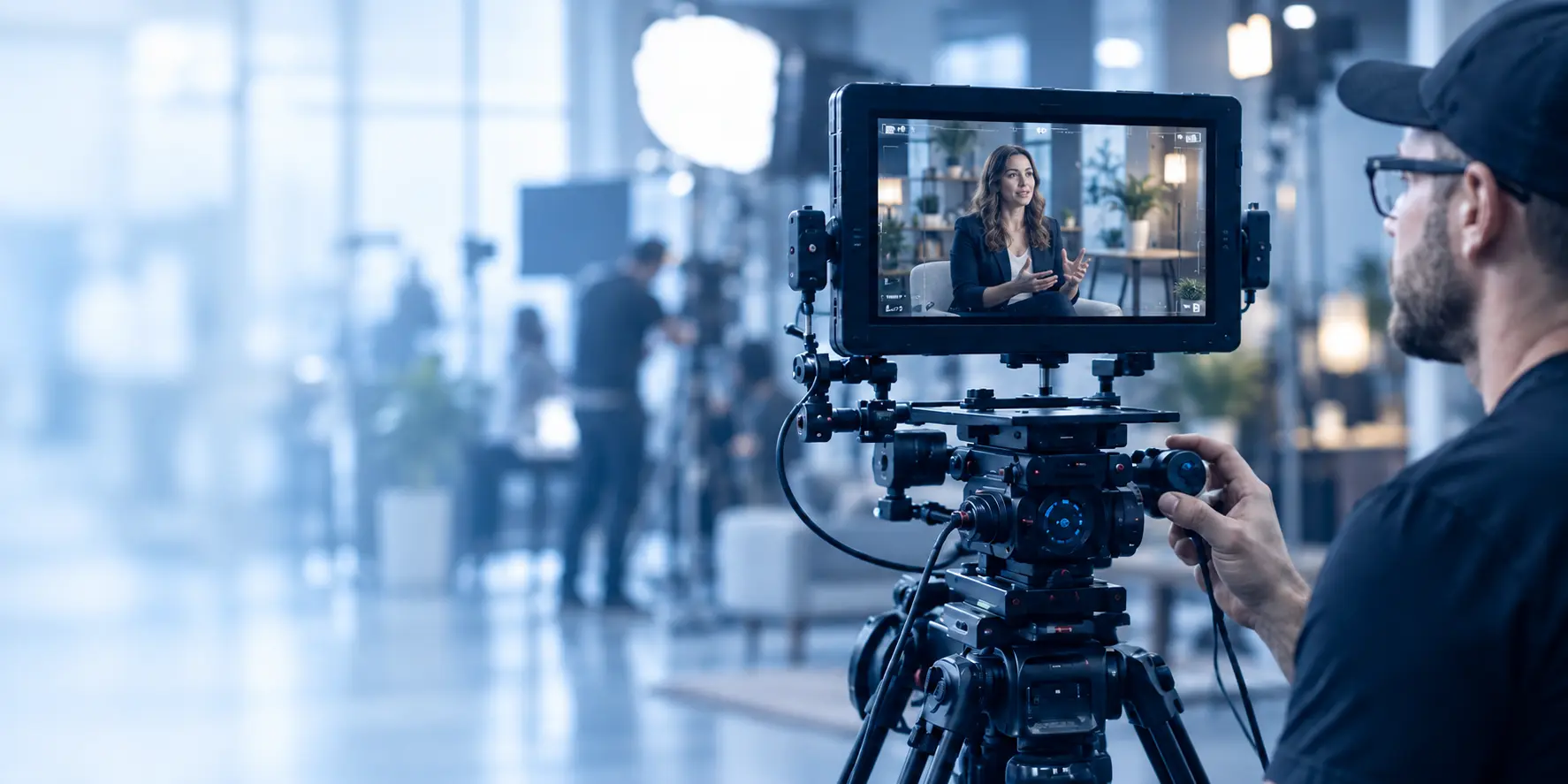Professional camera operator filming an on-camera subject on a commercial production set.